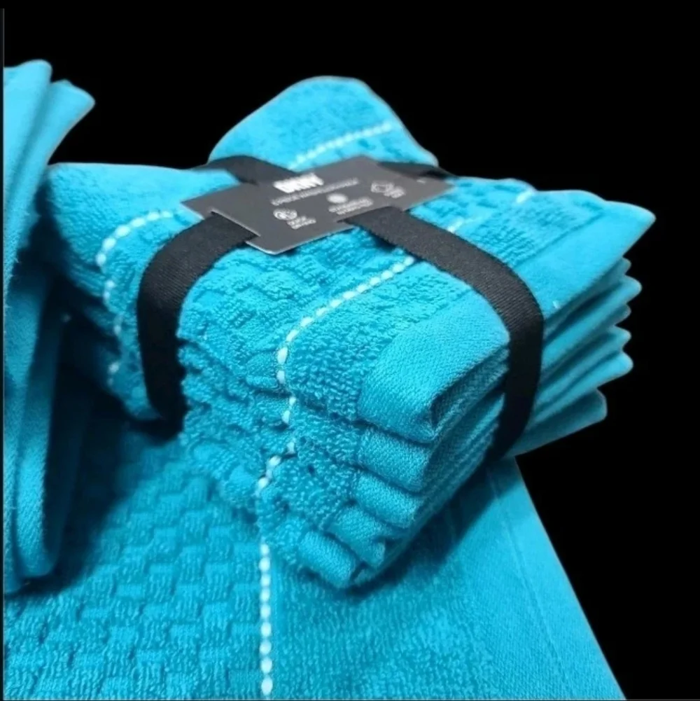 9pc DKNY White Textured Blue Dot Pin Stripe Bath Hand Washcloth Towel Set New